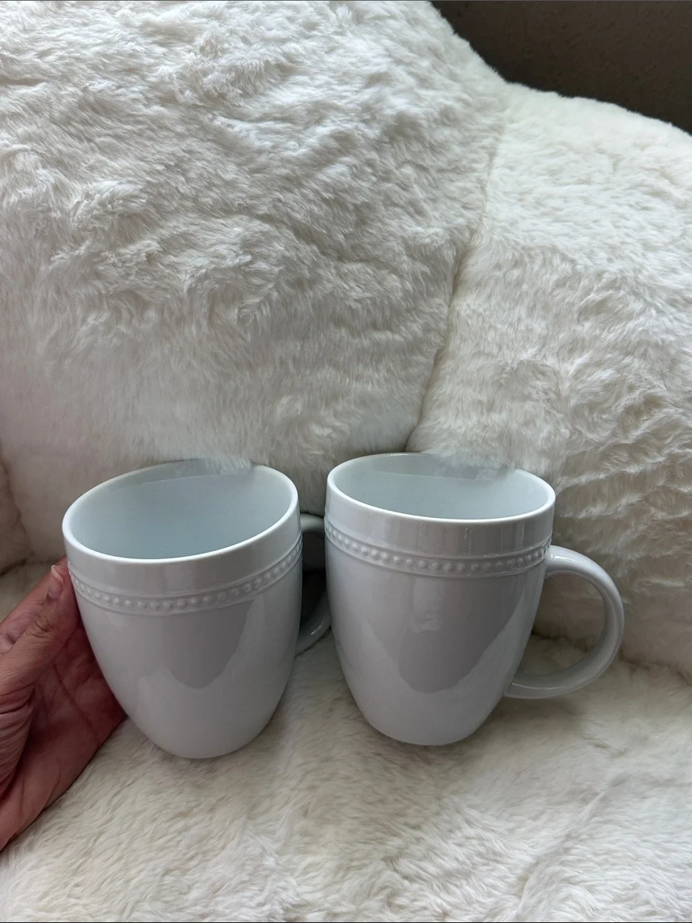 Pair of Two White Beaded Porcelain Mug ivory cup coffee tea